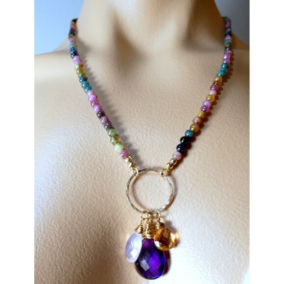 Watermelon Tourmaline Beaded Gemstone Charm Gold Fill Pendant Necklace - Picture 2 of 7